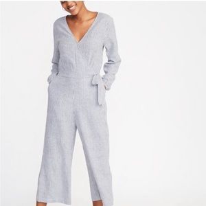 OLD NAVY Striped Waist Defined Faux Wrap Jumpsuit
